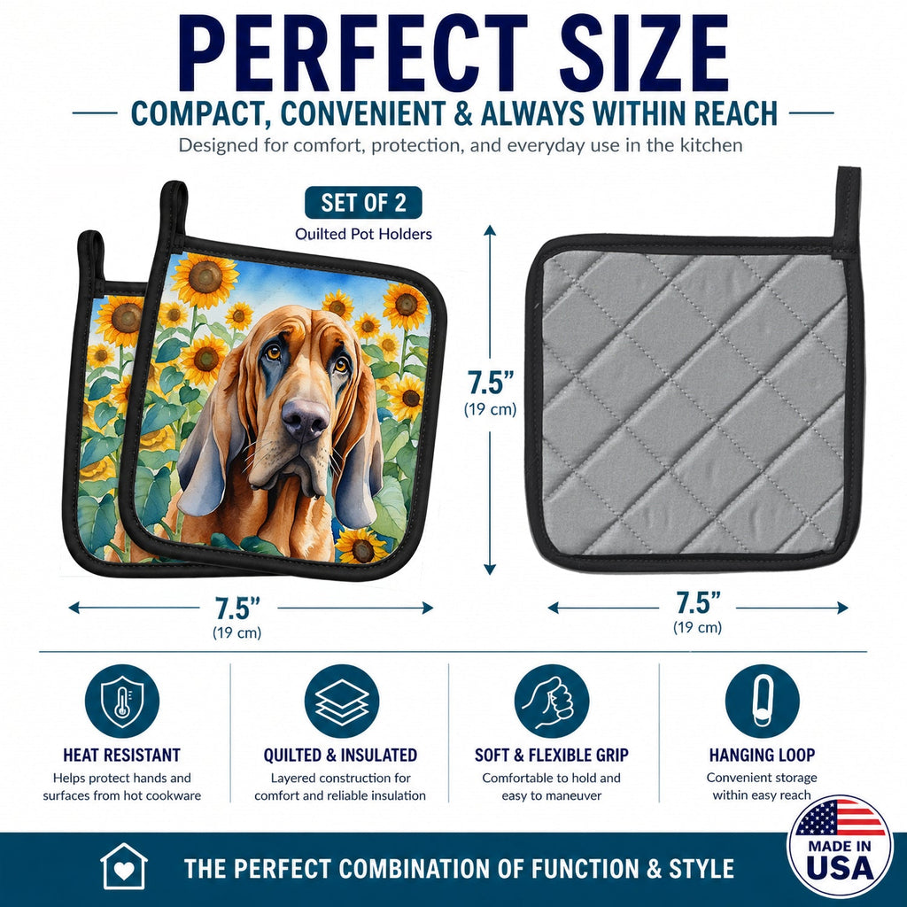 Bloodhound in Sunflowers Pot Holder Set of 2 Heat Resistant Quilted Hot Pads 7.5 x 7.5 Inch, Insulated Kitchen Trivets for Cooking & Baking