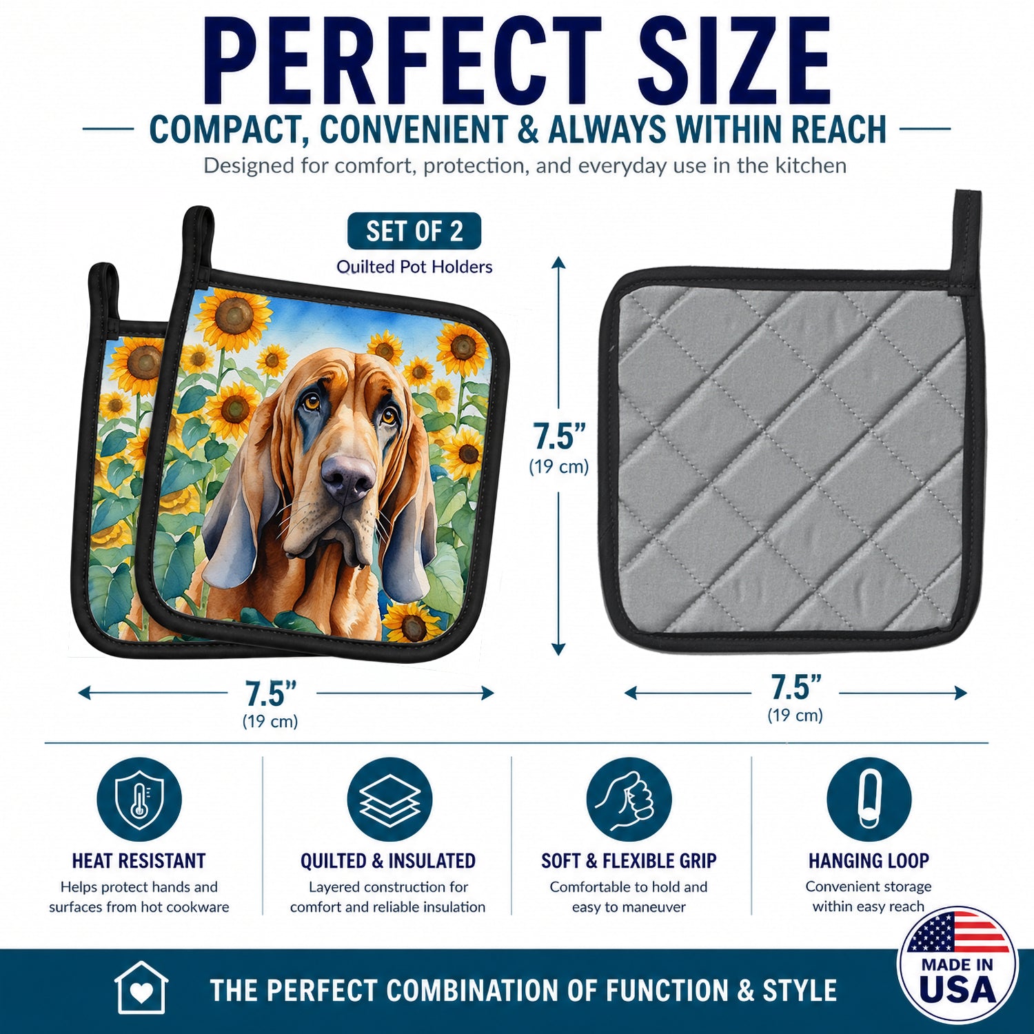 Bloodhound in Sunflowers Pot Holder Set of 2 Heat Resistant Quilted Hot Pads 7.5 x 7.5 Inch, Insulated Kitchen Trivets for Cooking & Baking