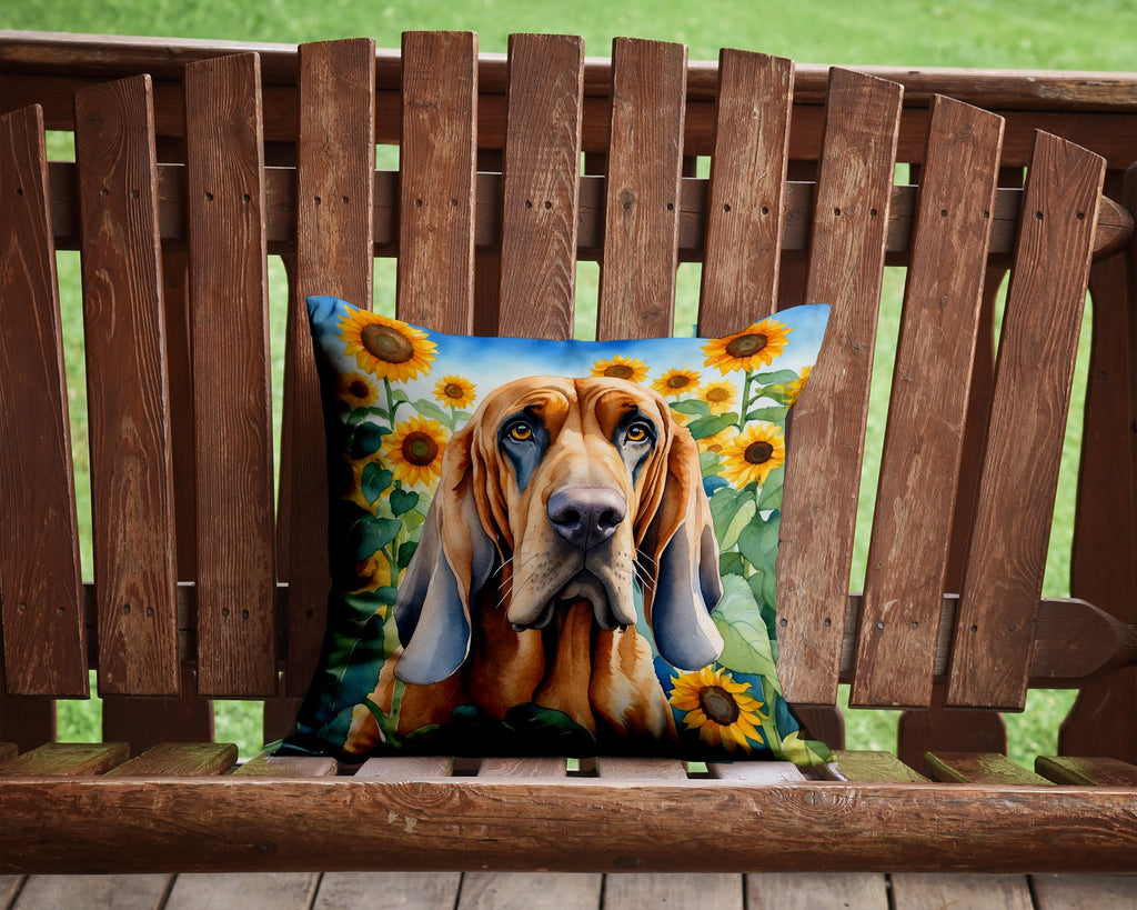 Bloodhound in Sunflowers Decorative Throw Pillow 14x14 Indoor Outdoor Accent Cushion, Fabric Cover with Insert for Sofa, Bed, Porch & Living Room