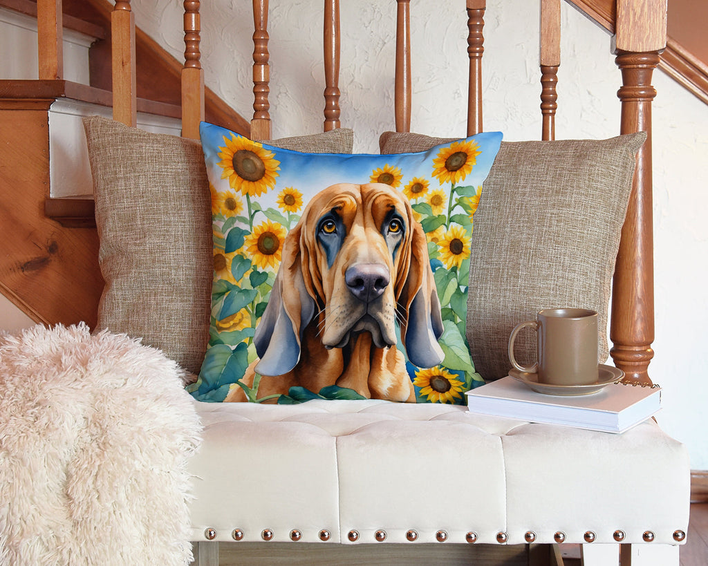 Bloodhound in Sunflowers Decorative Throw Pillow 14x14 Indoor Outdoor Accent Cushion, Fabric Cover with Insert for Sofa, Bed, Porch & Living Room
