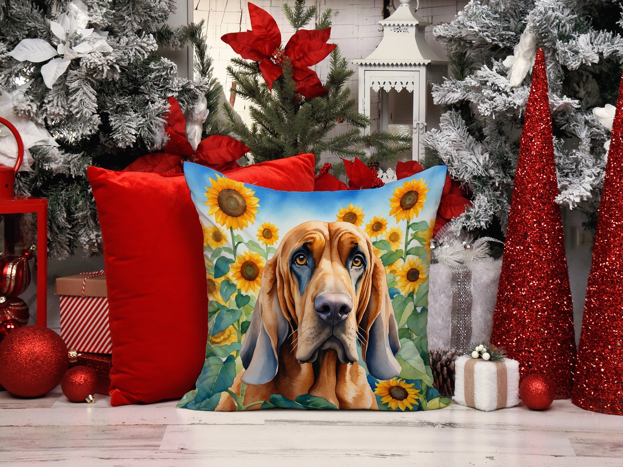 Bloodhound in Sunflowers Decorative Throw Pillow 14x14 Indoor Outdoor Accent Cushion, Fabric Cover with Insert for Sofa, Bed, Porch & Living Room