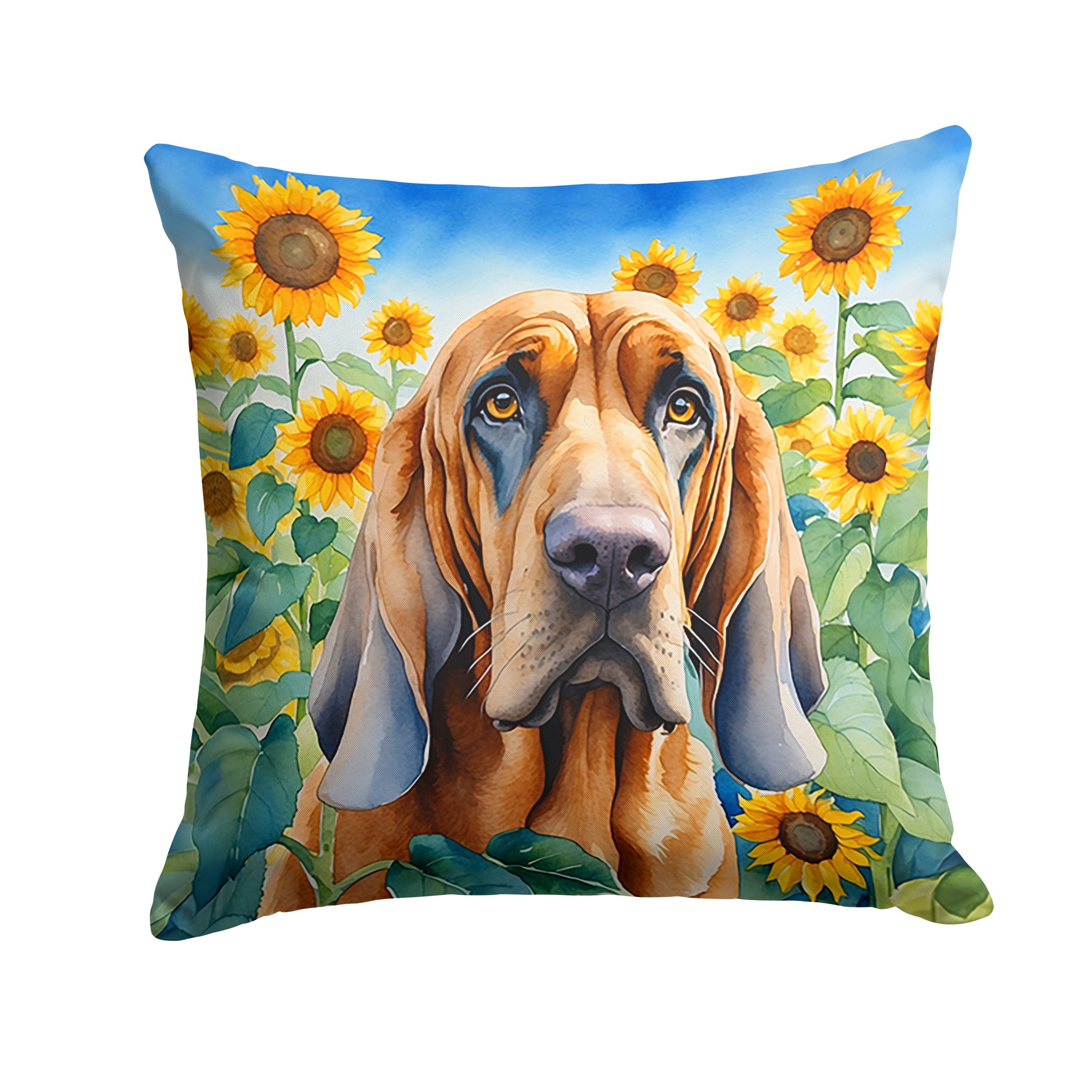 Bloodhound in Sunflowers Decorative Throw Pillow 18x18 Indoor Outdoor Accent Cushion, Fabric Cover with Insert for Sofa, Bed, Porch & Living Room