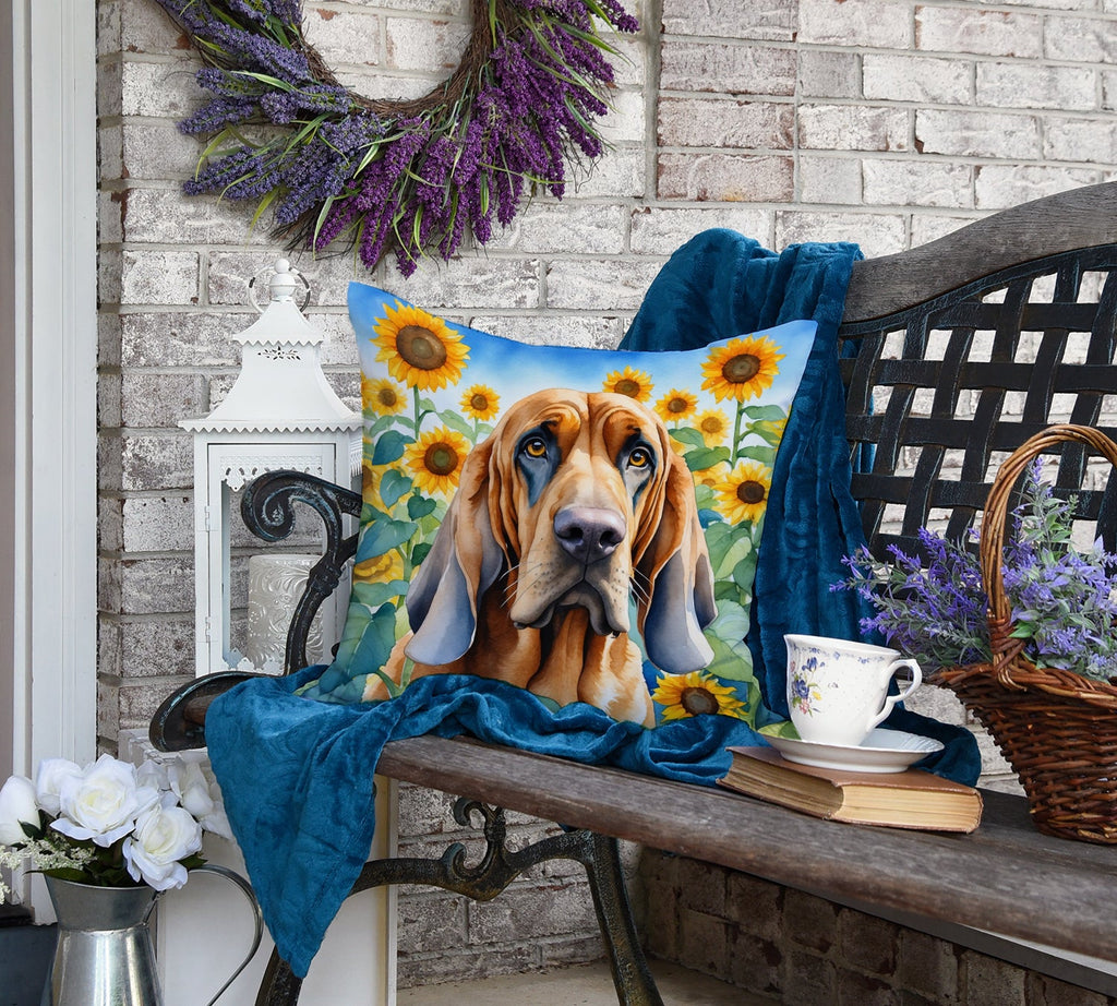 Bloodhound in Sunflowers Decorative Throw Pillow 18x18 Indoor Outdoor Accent Cushion, Fabric Cover with Insert for Sofa, Bed, Porch & Living Room
