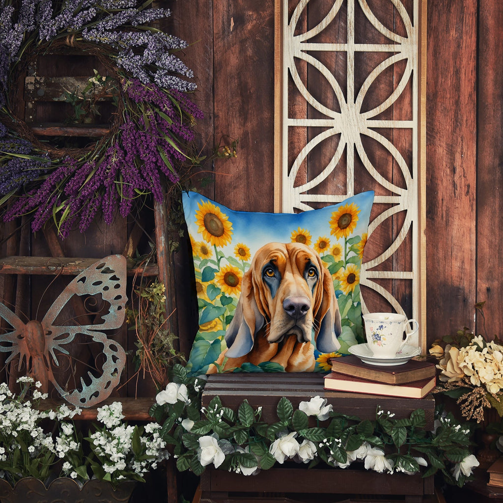 Bloodhound in Sunflowers Decorative Throw Pillow 18x18 Indoor Outdoor Accent Cushion, Fabric Cover with Insert for Sofa, Bed, Porch & Living Room