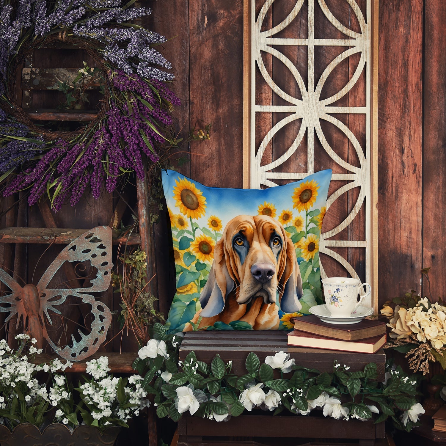 Bloodhound in Sunflowers Decorative Throw Pillow 18x18 Indoor Outdoor Accent Cushion, Fabric Cover with Insert for Sofa, Bed, Porch & Living Room
