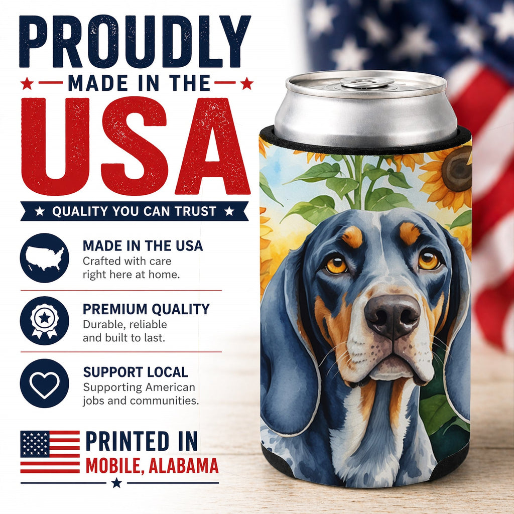Bluetick Coonhound in Sunflowers Can or Bottle Hugger Cooler Sleeve for Standard 12 oz Cans, Insulated Foam Beer & Soda Can Hugger Reusable