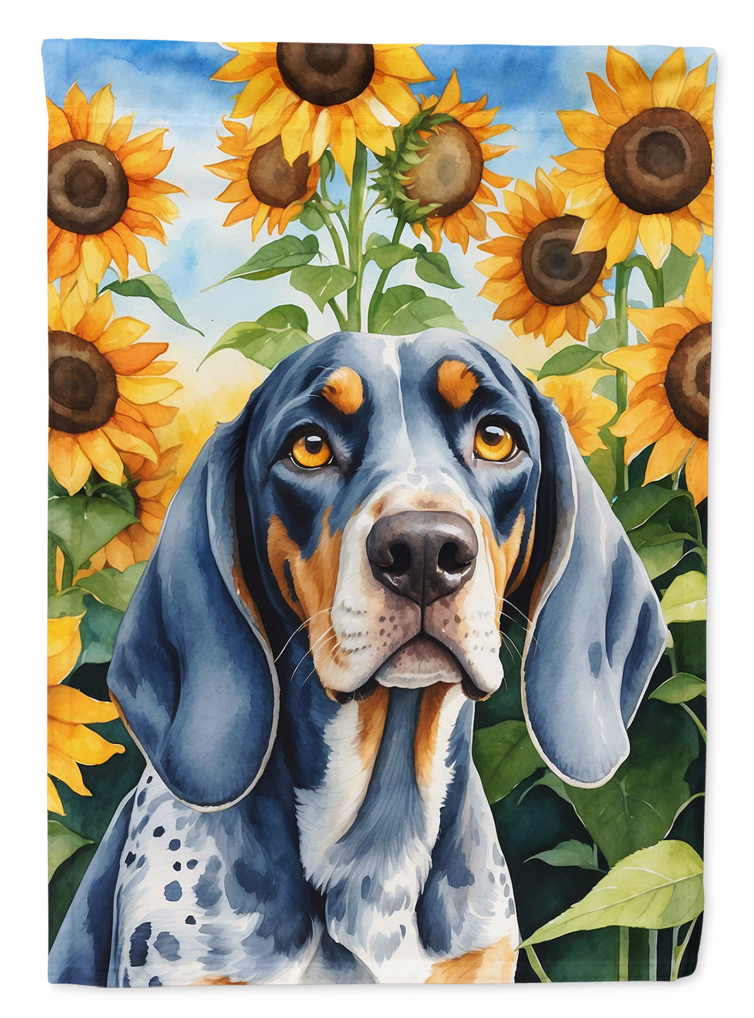 Bluetick Coonhound in Sunflowers House Flag 28x40 Porch Sleeve Pole Decorative Outside Yard Banner Artwork Wall Hanging, Polyester