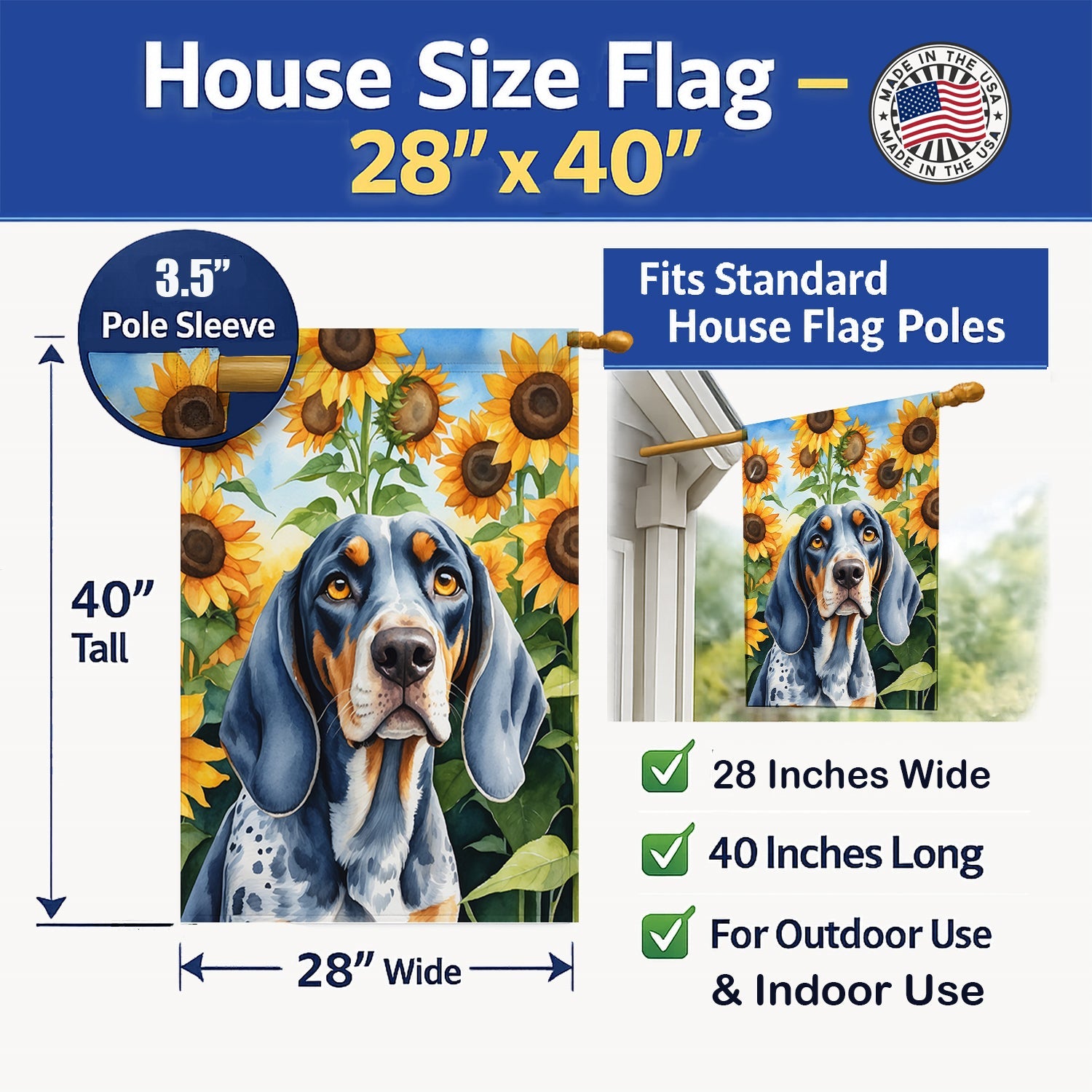 Bluetick Coonhound in Sunflowers House Flag 28x40 Porch Sleeve Pole Decorative Outside Yard Banner Artwork Wall Hanging, Polyester