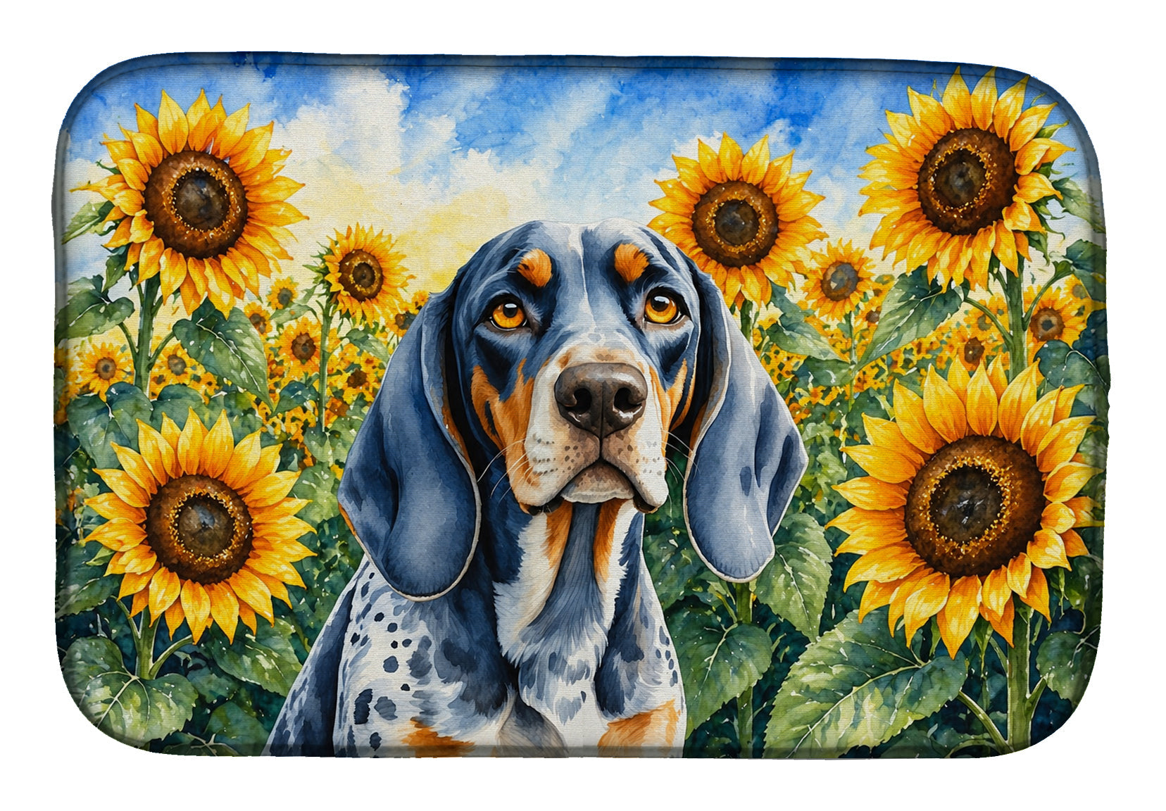 Bluetick Coonhound in Sunflowers Dish Drying Mat Absorbent Dish Drying Mat Pad for Kitchen Counter Dish Drainer Mat for Countertop, 14 x 21", Multicolor