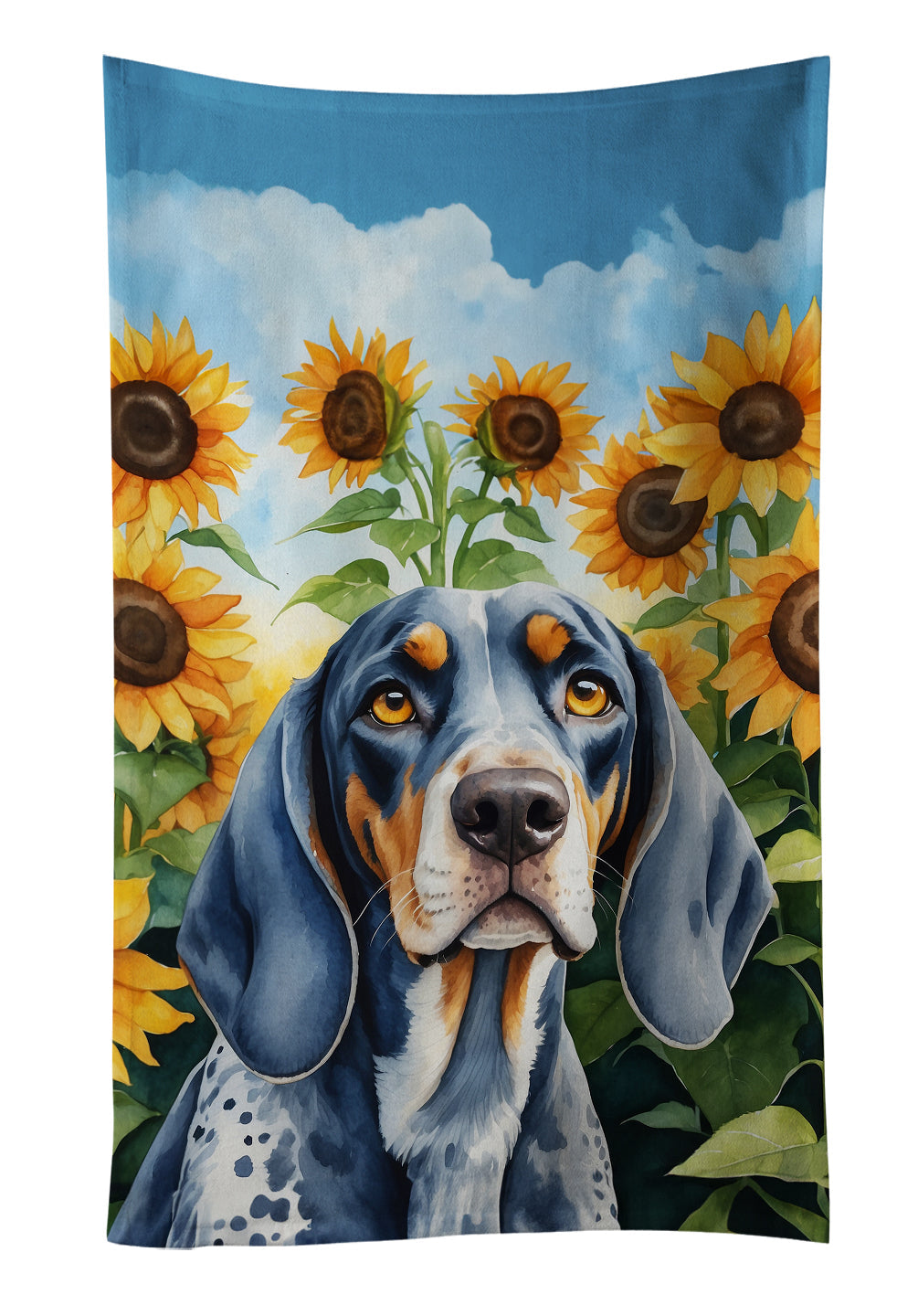 Bluetick Coonhound in Sunflowers Kitchen Towel Velour Plush Front and Cotton Loop Back Machine Washable