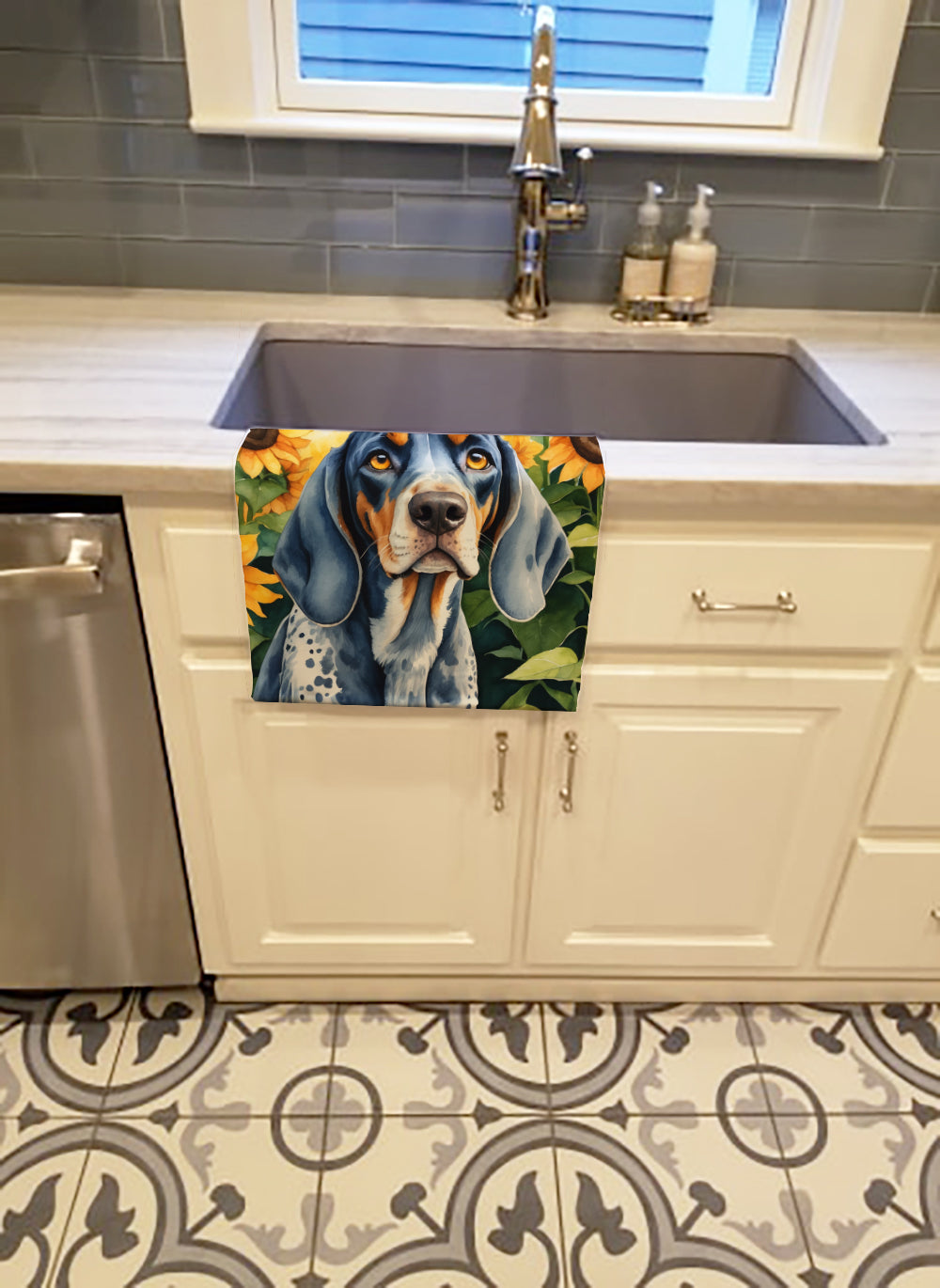 Bluetick Coonhound in Sunflowers Kitchen Towel Velour Plush Front and Cotton Loop Back Machine Washable