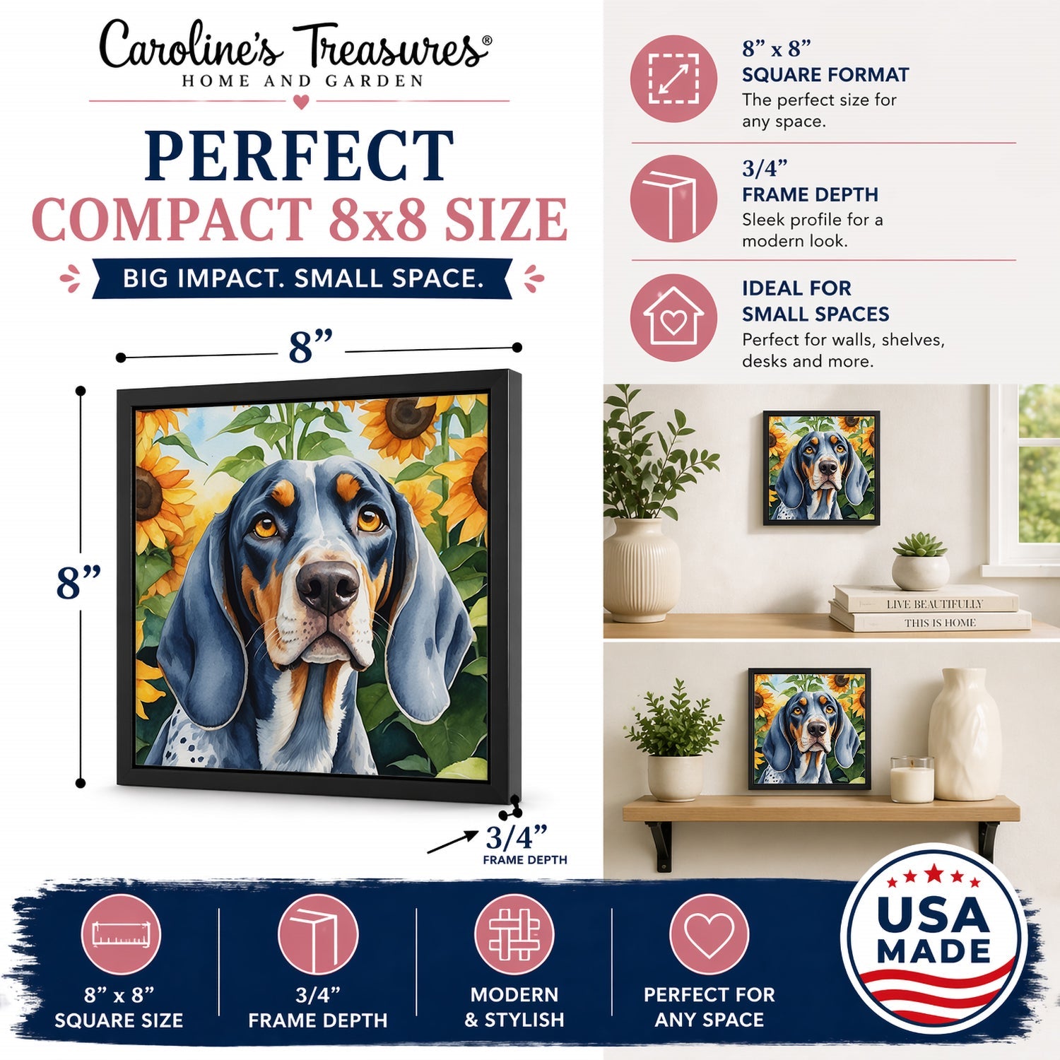 Bluetick Coonhound in Sunflowers Framed Metal Print Bathroom, Kitchen, Office, Home Decor Wall Art Ready to Hang, Square, 8X8