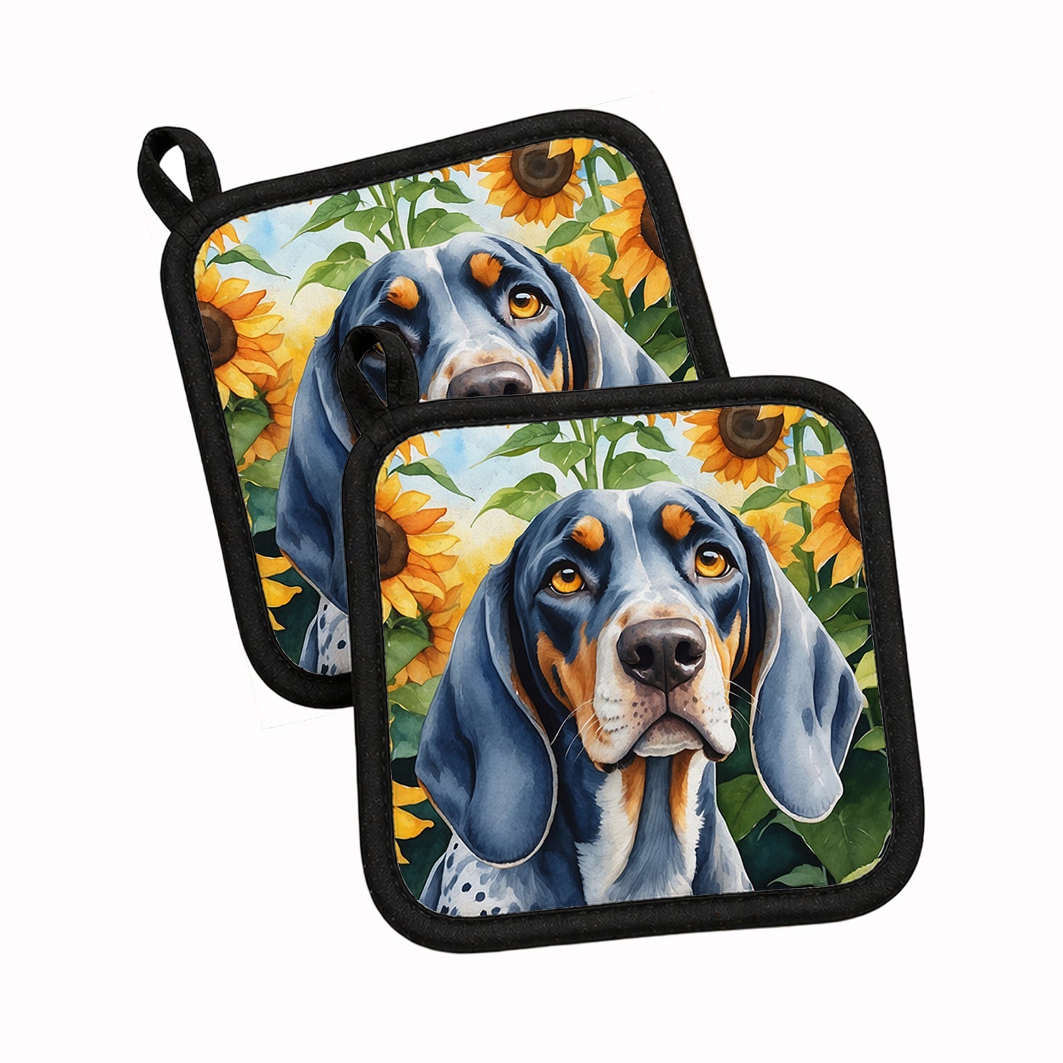 Bluetick Coonhound in Sunflowers Pot Holder Set of 2 Heat Resistant Quilted Hot Pads 7.5 x 7.5 Inch, Insulated Kitchen Trivets for Cooking & Baking