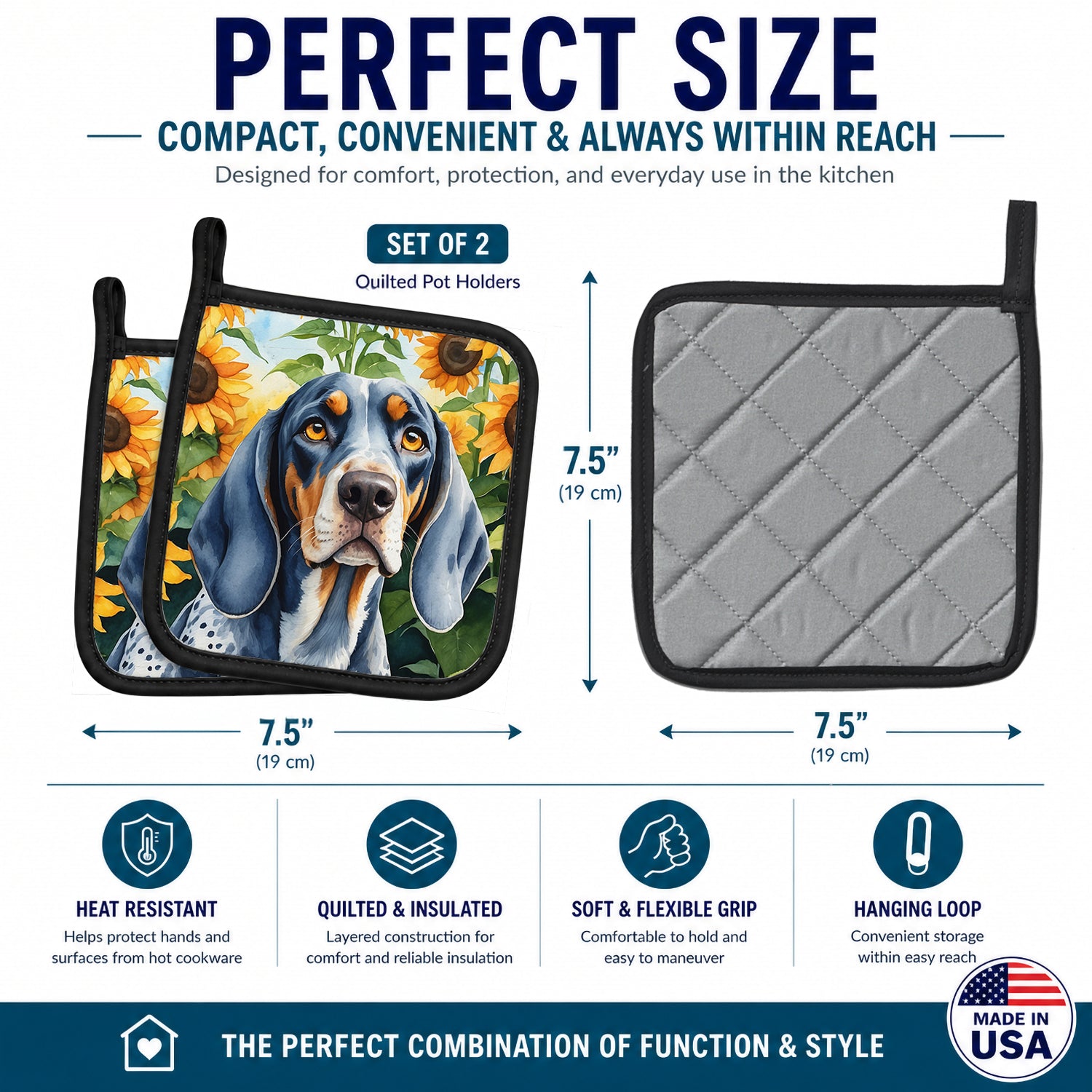 Bluetick Coonhound in Sunflowers Pot Holder Set of 2 Heat Resistant Quilted Hot Pads 7.5 x 7.5 Inch, Insulated Kitchen Trivets for Cooking & Baking
