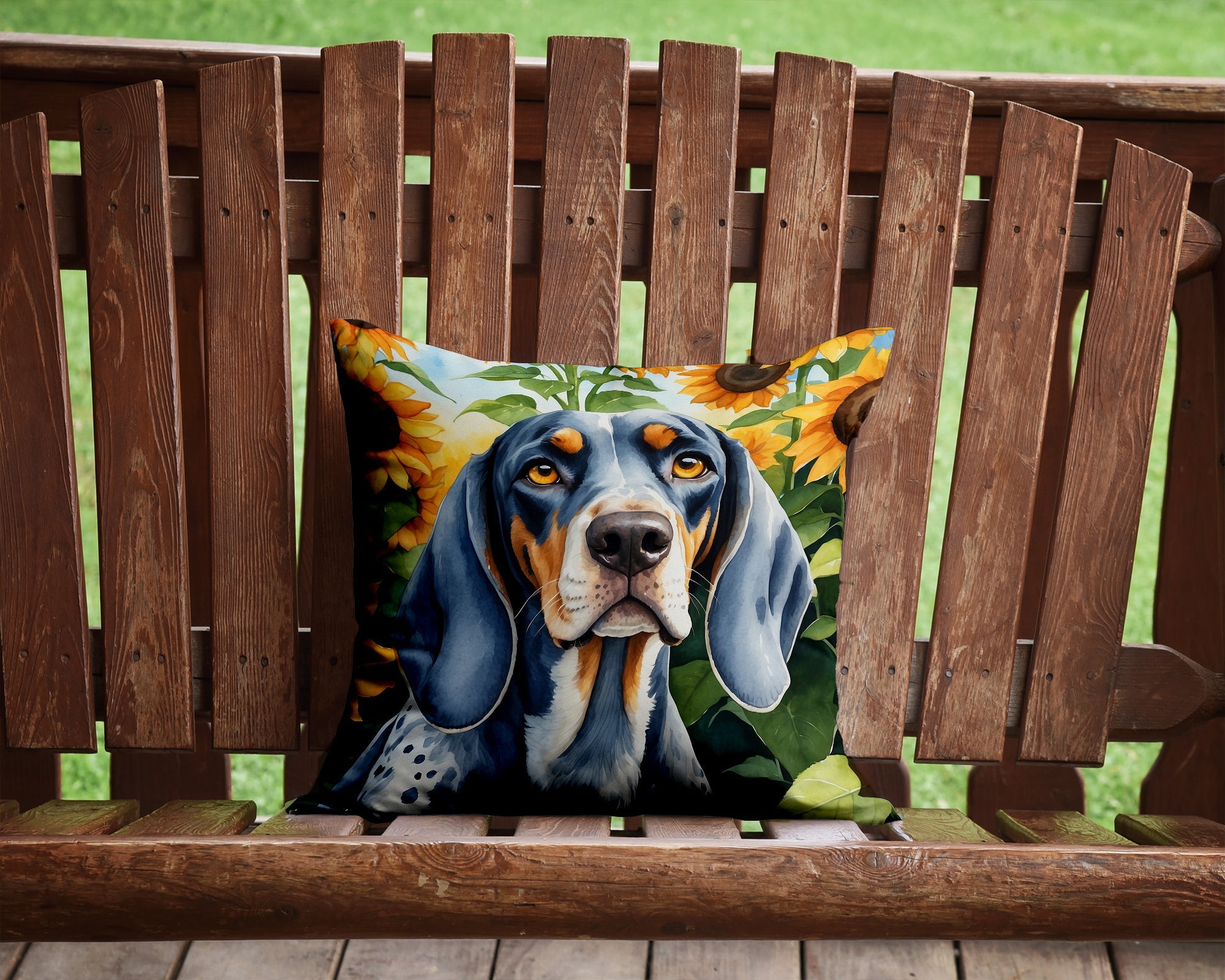 Bluetick Coonhound in Sunflowers Decorative Throw Pillow 14x14 Indoor Outdoor Accent Cushion, Fabric Cover with Insert for Sofa, Bed, Porch & Living Room