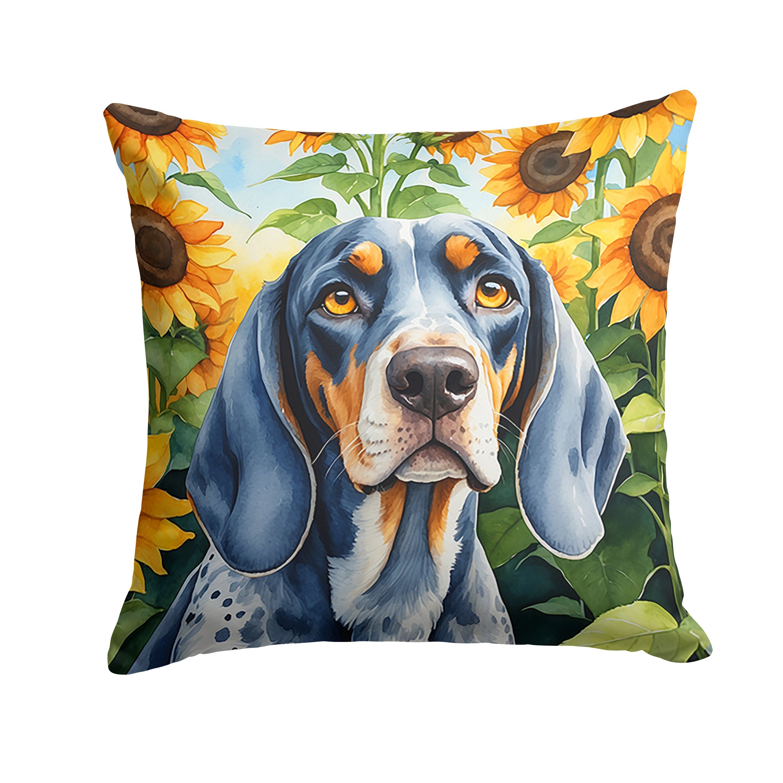 Bluetick Coonhound in Sunflowers Decorative Throw Pillow 18x18 Indoor Outdoor Accent Cushion, Fabric Cover with Insert for Sofa, Bed, Porch & Living Room