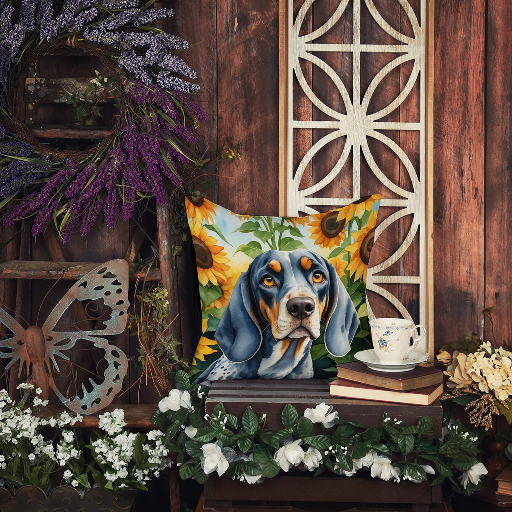 Bluetick Coonhound in Sunflowers Decorative Throw Pillow 18x18 Indoor Outdoor Accent Cushion, Fabric Cover with Insert for Sofa, Bed, Porch & Living Room