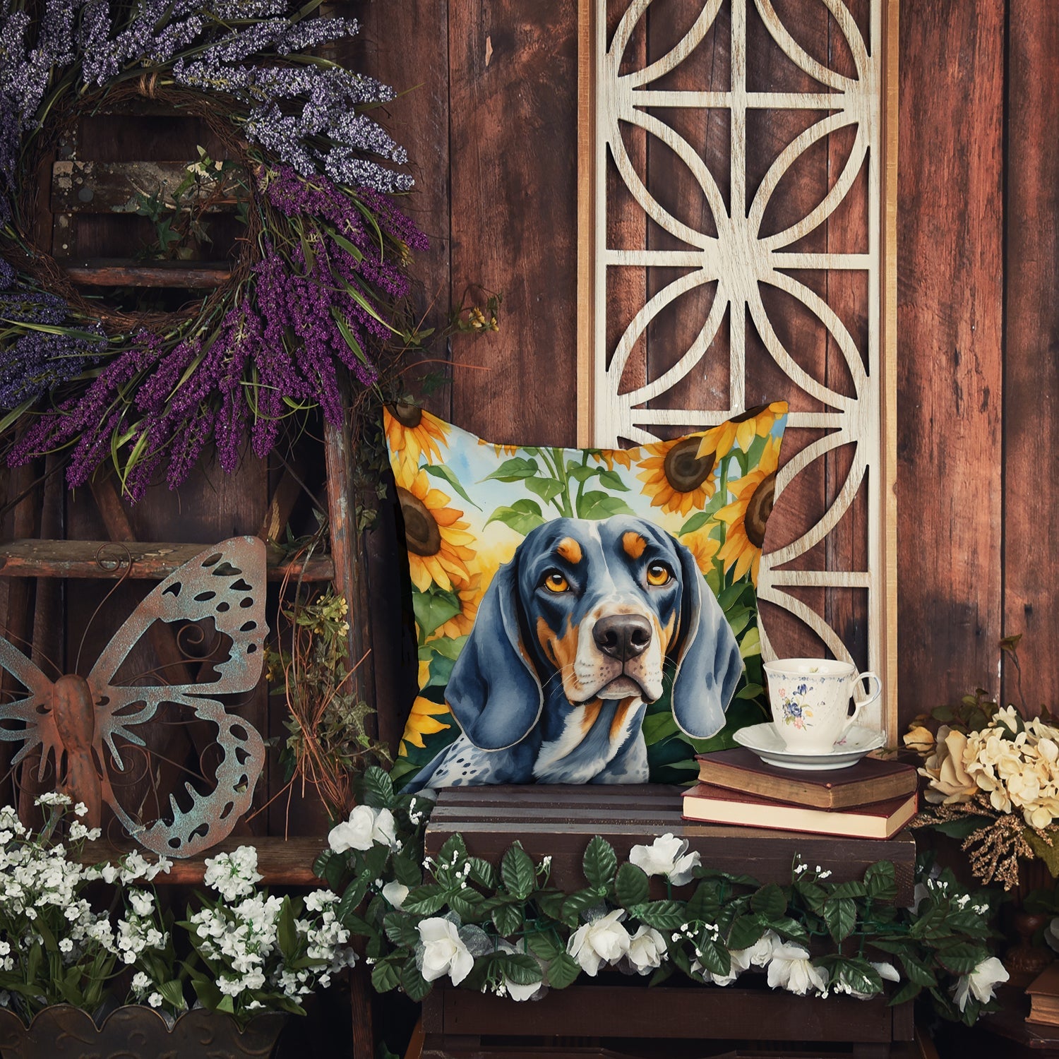Bluetick Coonhound in Sunflowers Decorative Throw Pillow 18x18 Indoor Outdoor Accent Cushion, Fabric Cover with Insert for Sofa, Bed, Porch & Living Room