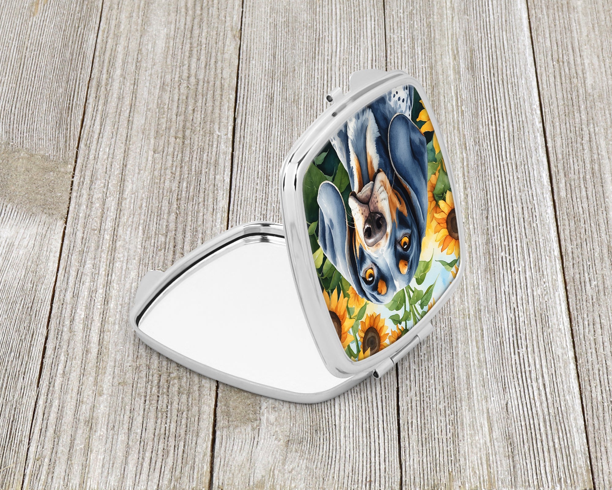 Bluetick Coonhound in Sunflowers Compact Mirror Decorative Travel Makeup Mirror for Women Girls Gifts Pocket Makeup Mirror Folding Handheld