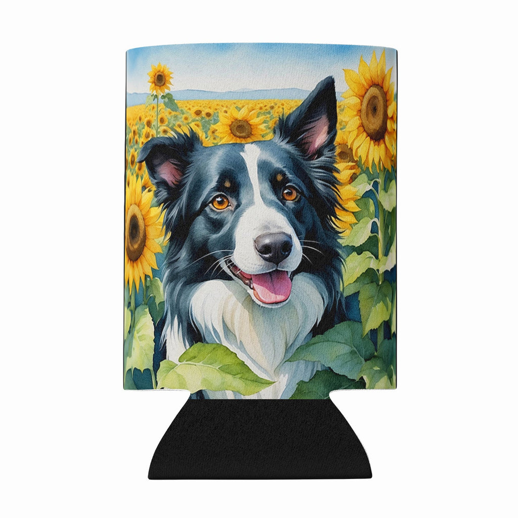 Border Collie in Sunflowers Can or Bottle Hugger Cooler Sleeve for Standard 12 oz Cans, Insulated Foam Beer & Soda Can Hugger Reusable