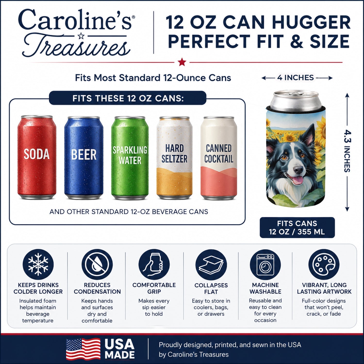 Border Collie in Sunflowers Can or Bottle Hugger Cooler Sleeve for Standard 12 oz Cans, Insulated Foam Beer & Soda Can Hugger Reusable
