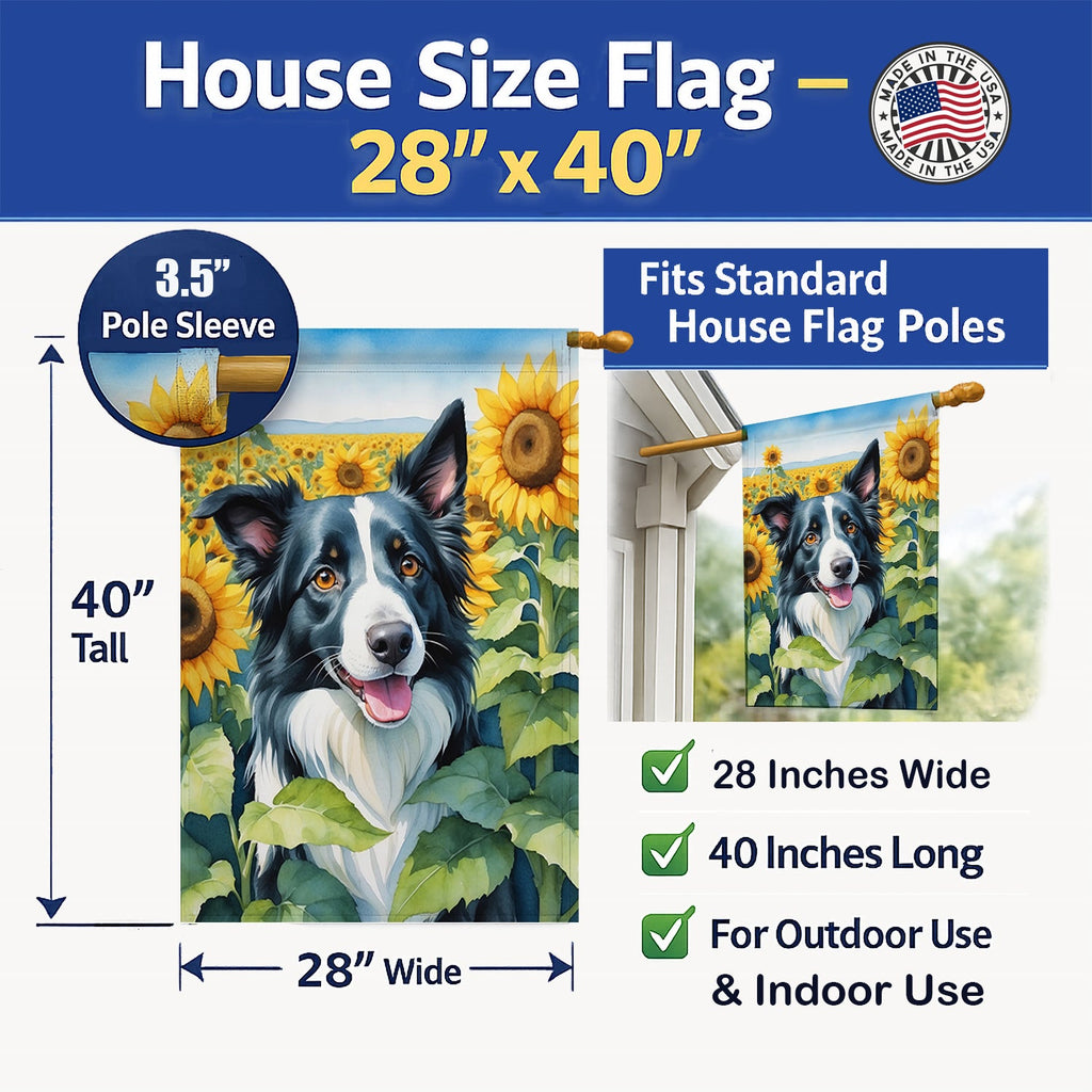 Border Collie in Sunflowers House Flag 28x40 Porch Sleeve Pole Decorative Outside Yard Banner Artwork Wall Hanging, Polyester