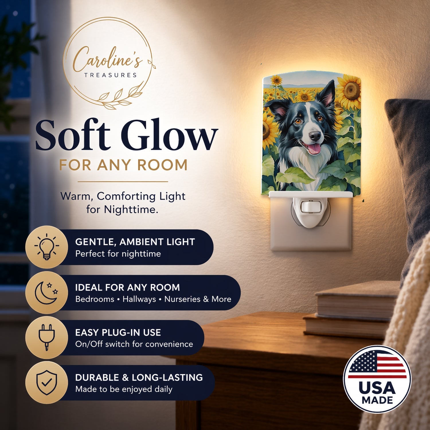 Border Collie in Sunflowers Ceramic Night Light Compact, UL-Certified, Ideal for Bedroom, Bathroom, Nursery, Hallway, Kitchen, 6x4x3, Multicolor