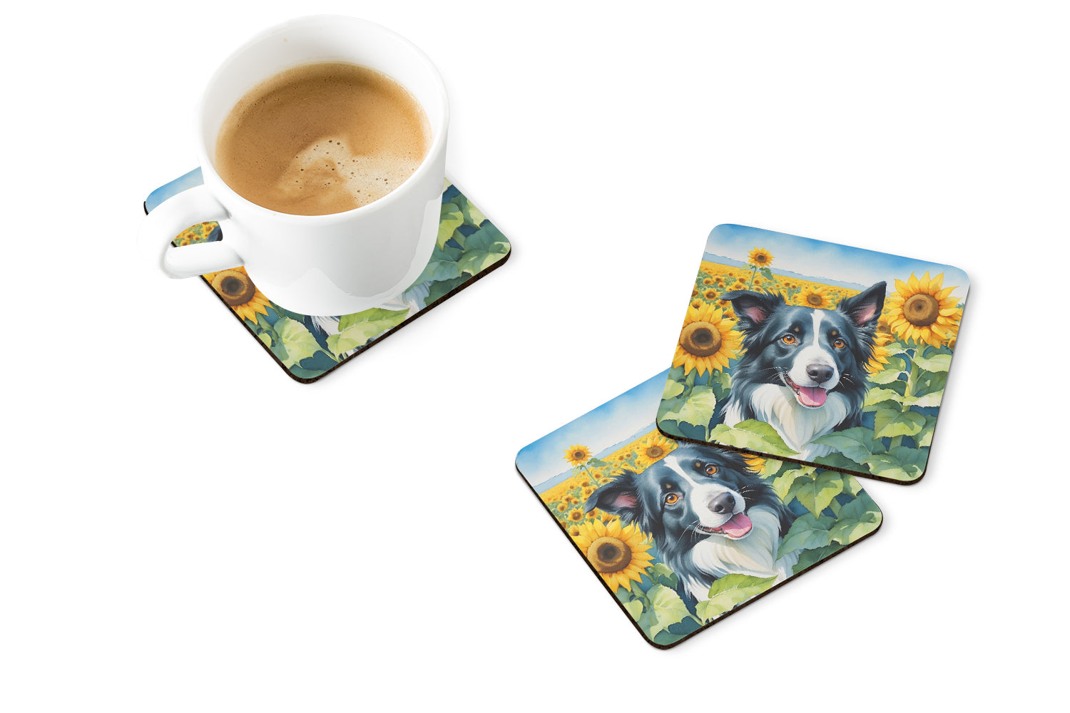 Border Collie in Sunflowers Foam Coasters Set of 4 Cup Coasters for Indoor Outdoor, Tabletop Protection, Anti Slip, Mouse pad Material