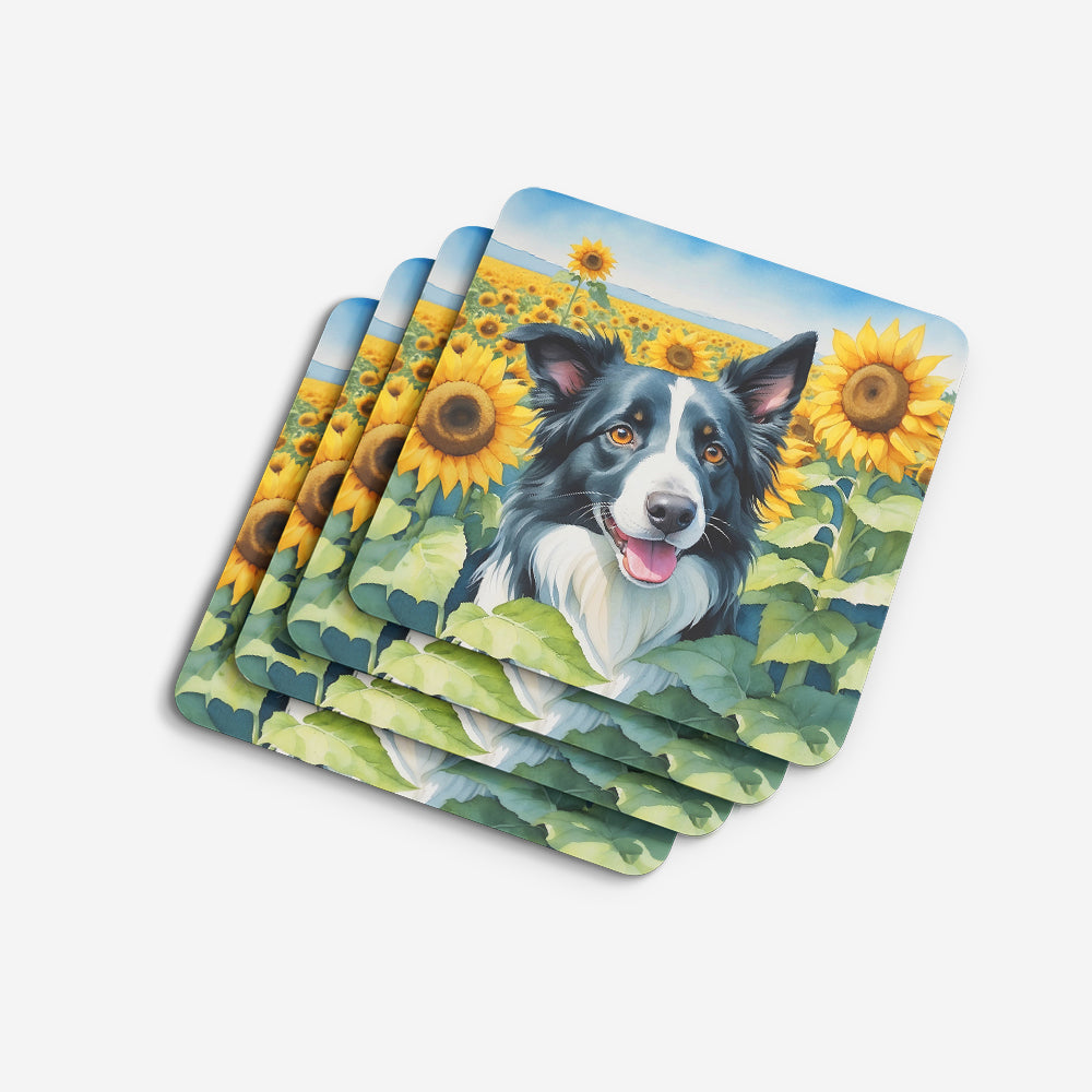 Border Collie in Sunflowers Foam Coasters Set of 4 Cup Coasters for Indoor Outdoor, Tabletop Protection, Anti Slip, Mouse pad Material