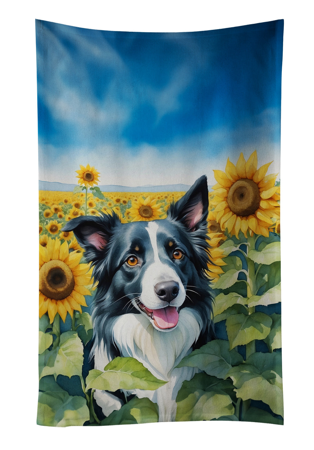 Border Collie in Sunflowers Kitchen Towel Velour Plush Front and Cotton Loop Back Machine Washable