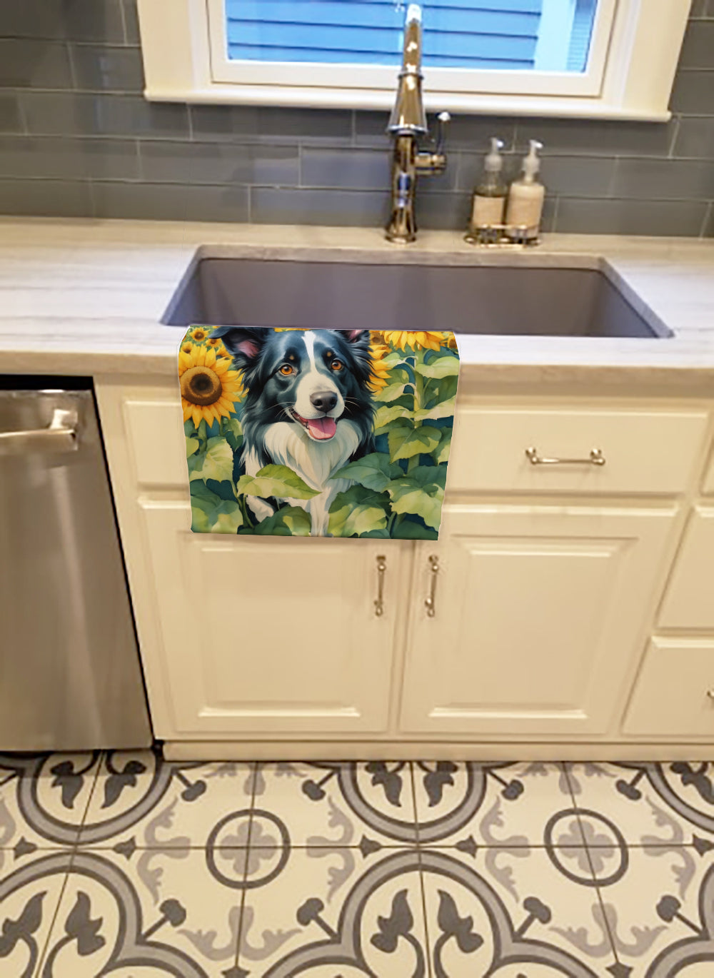 Border Collie in Sunflowers Kitchen Towel Velour Plush Front and Cotton Loop Back Machine Washable