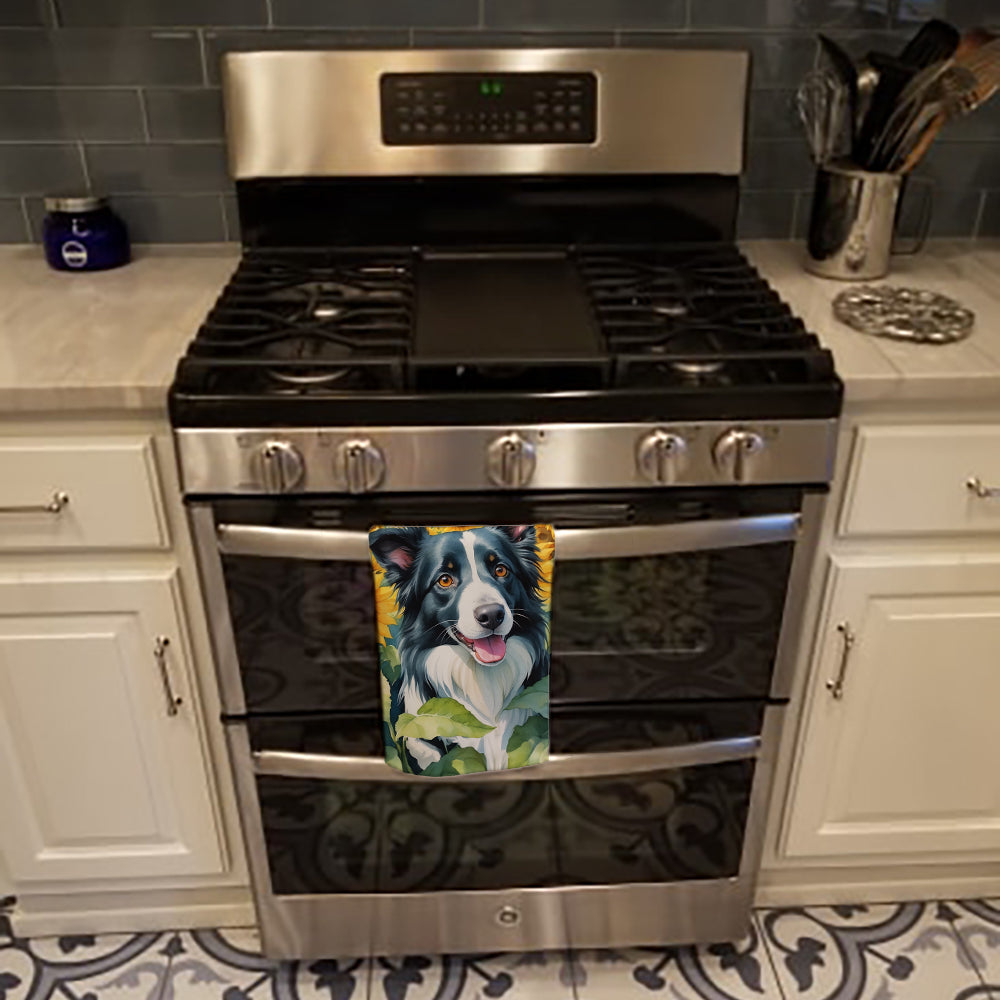 Border Collie in Sunflowers Kitchen Towel Velour Plush Front and Cotton Loop Back Machine Washable
