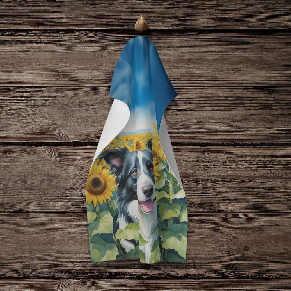 Border Collie in Sunflowers Kitchen Towel Velour Plush Front and Cotton Loop Back Machine Washable