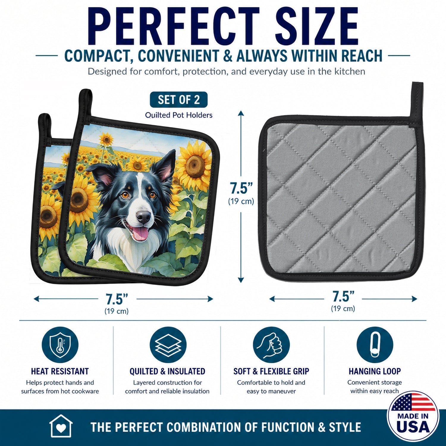Border Collie in Sunflowers Pot Holder Set of 2 Heat Resistant Quilted Hot Pads 7.5 x 7.5 Inch, Insulated Kitchen Trivets for Cooking & Baking