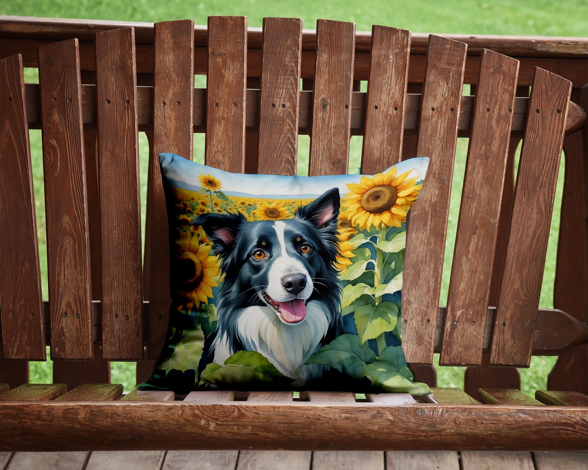 Border Collie in Sunflowers Decorative Throw Pillow 14x14 Indoor Outdoor Accent Cushion, Fabric Cover with Insert for Sofa, Bed, Porch & Living Room