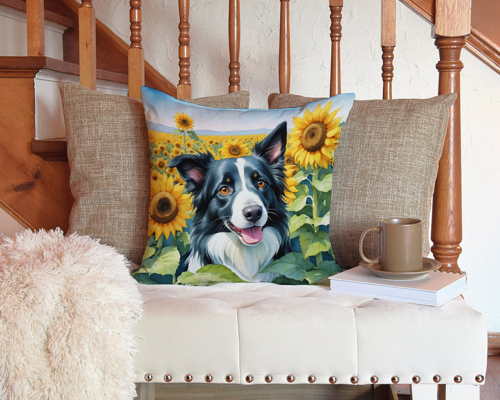 Border Collie in Sunflowers Decorative Throw Pillow 14x14 Indoor Outdoor Accent Cushion, Fabric Cover with Insert for Sofa, Bed, Porch & Living Room