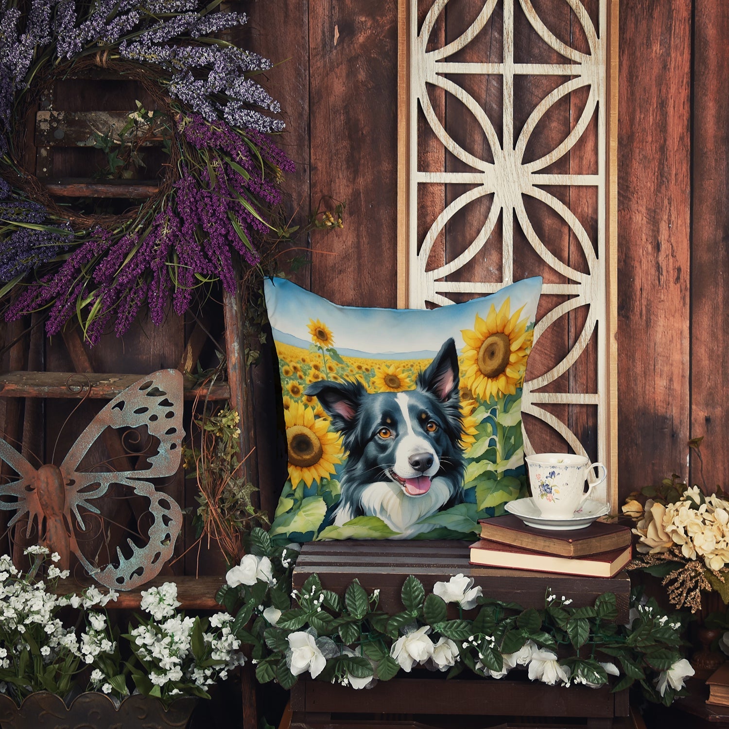 Border Collie in Sunflowers Decorative Throw Pillow 14x14 Indoor Outdoor Accent Cushion, Fabric Cover with Insert for Sofa, Bed, Porch & Living Room