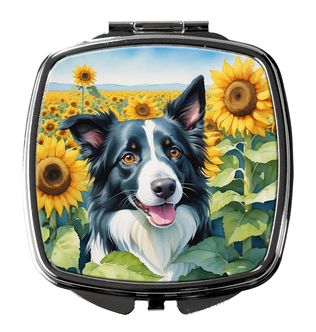 Border Collie in Sunflowers Compact Mirror Decorative Travel Makeup Mirror for Women Girls Gifts Pocket Makeup Mirror Folding Handheld