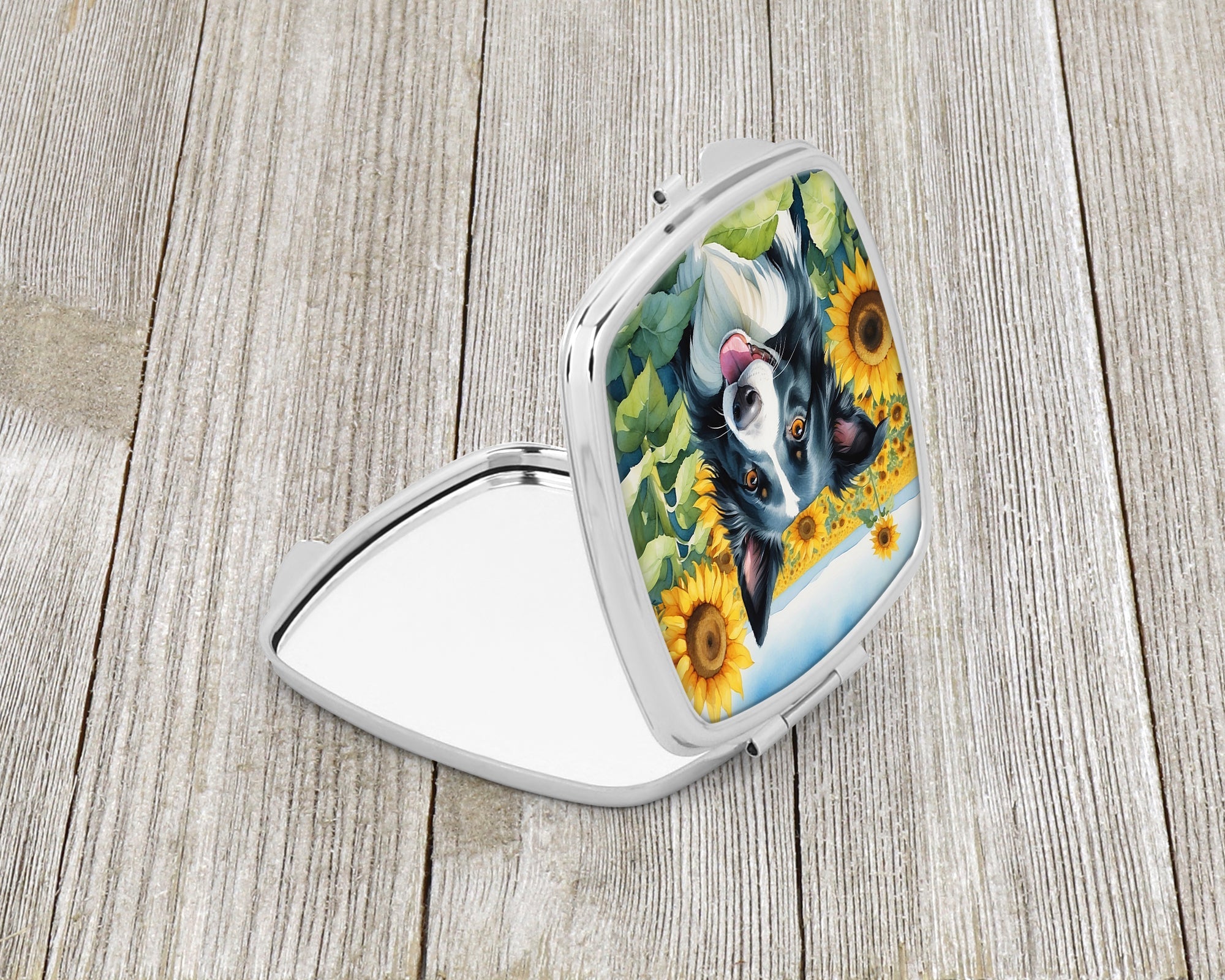 Border Collie in Sunflowers Compact Mirror Decorative Travel Makeup Mirror for Women Girls Gifts Pocket Makeup Mirror Folding Handheld