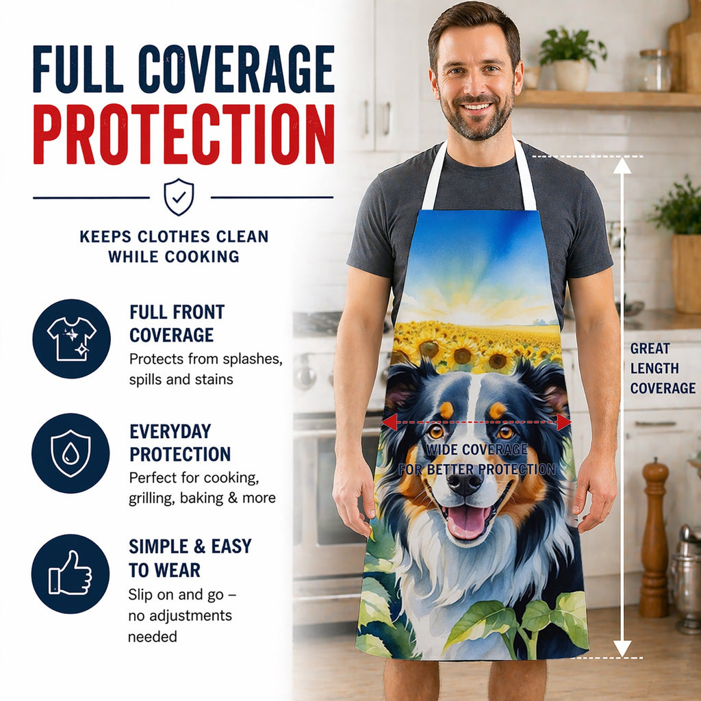 Border Collie in Sunflowers Apron Cooking Kitchen Server Baking Crafts Gardening for Adult Women Men, Unisex, Large, Multicolor