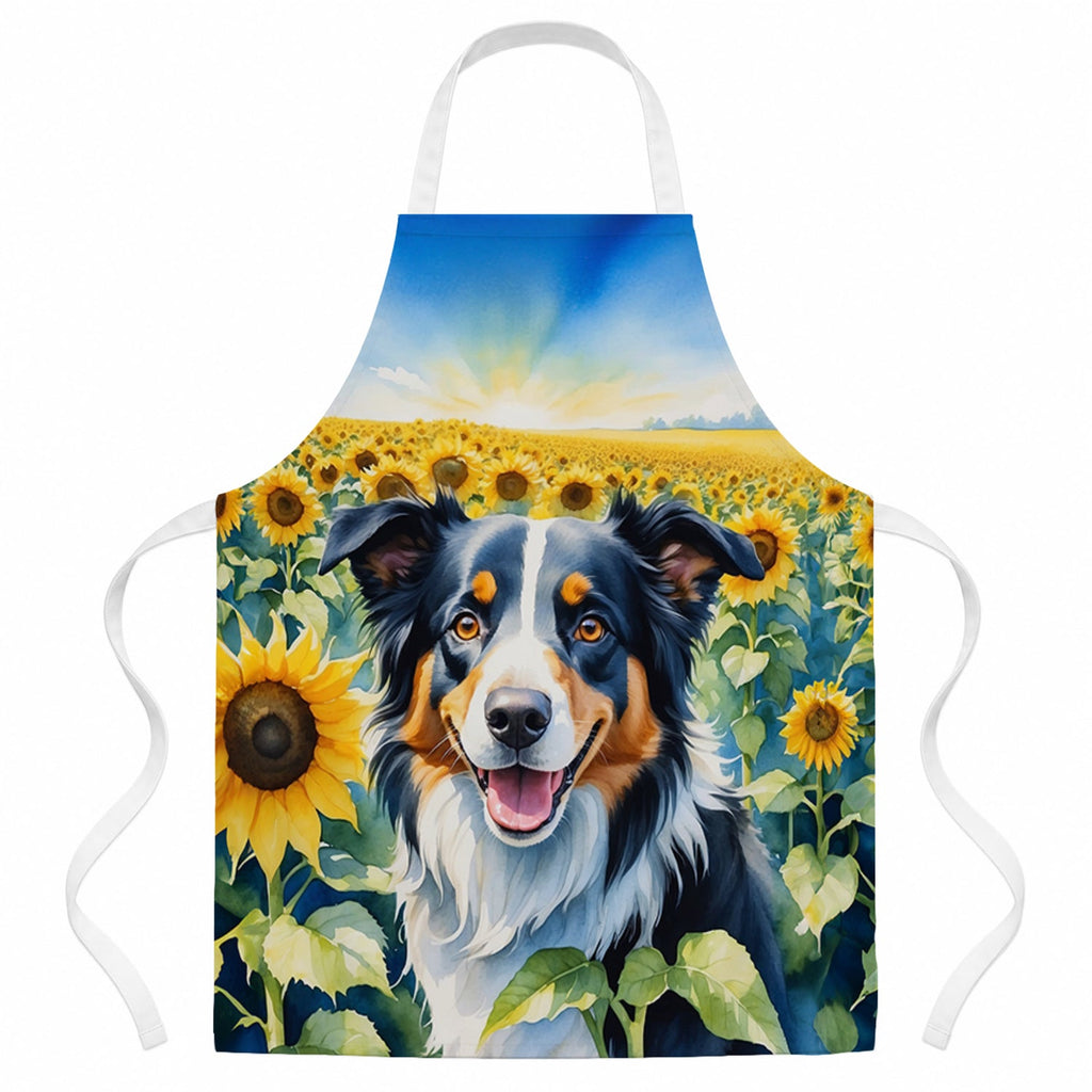 Border Collie in Sunflowers Apron Cooking Kitchen Server Baking Crafts Gardening for Adult Women Men, Unisex, Large, Multicolor