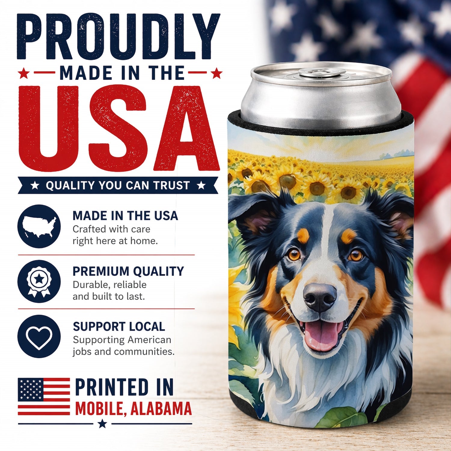 Border Collie in Sunflowers Can or Bottle Hugger Cooler Sleeve for Standard 12 oz Cans, Insulated Foam Beer & Soda Can Hugger Reusable