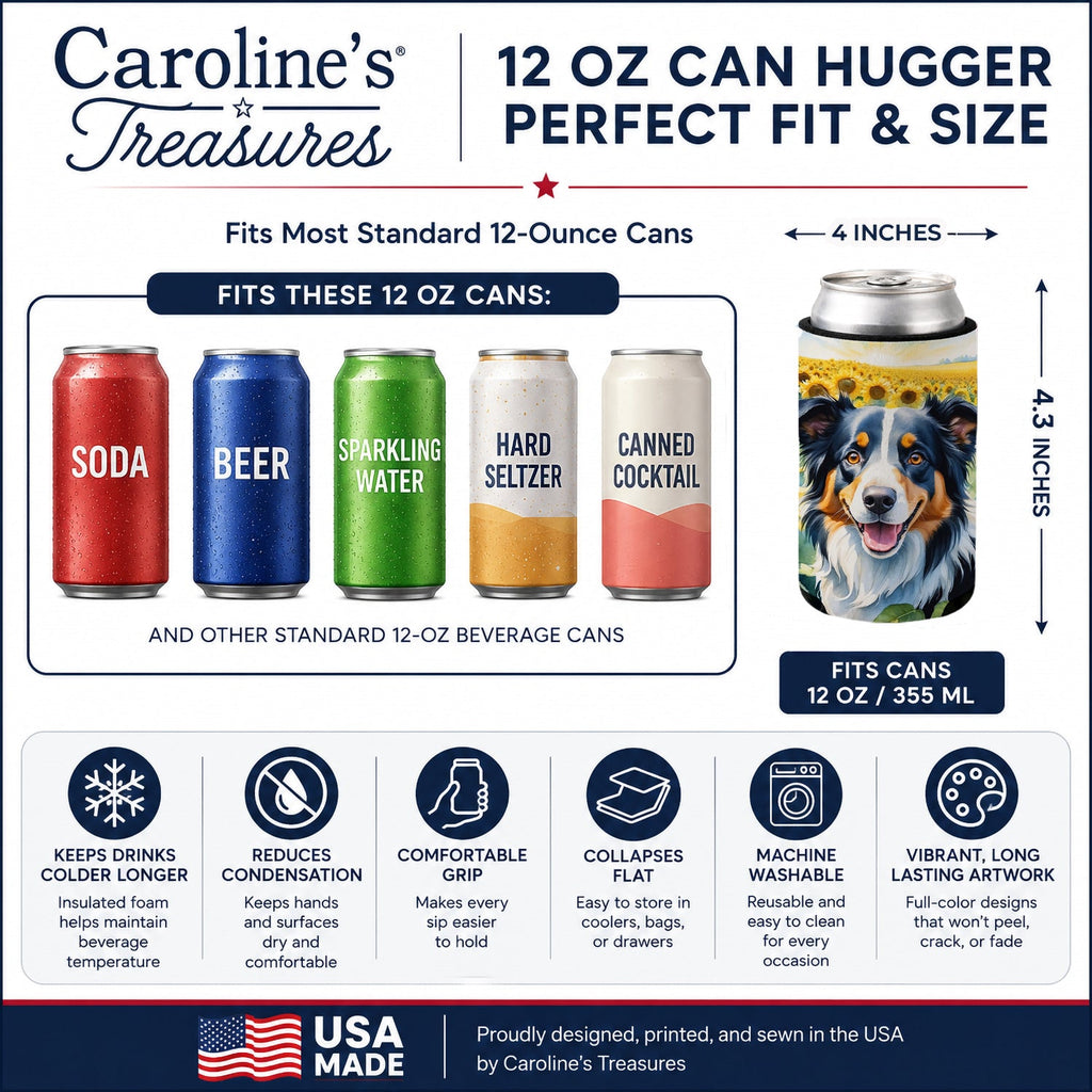 Border Collie in Sunflowers Can or Bottle Hugger Cooler Sleeve for Standard 12 oz Cans, Insulated Foam Beer & Soda Can Hugger Reusable