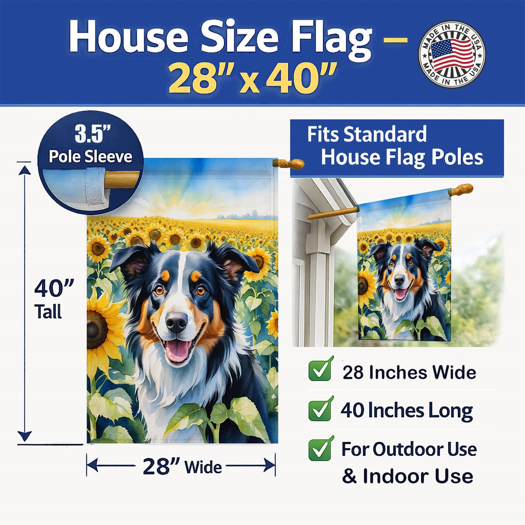 Border Collie in Sunflowers House Flag 28x40 Porch Sleeve Pole Decorative Outside Yard Banner Artwork Wall Hanging, Polyester