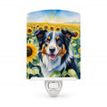 Border Collie in Sunflowers Ceramic Night Light Compact, UL-Certified, Ideal for Bedroom, Bathroom, Nursery, Hallway, Kitchen, 6x4x3, Multicolor