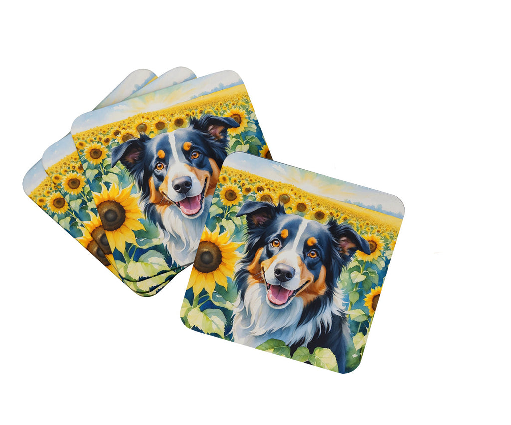 Border Collie in Sunflowers Foam Coasters Set of 4 Cup Coasters for Indoor Outdoor, Tabletop Protection, Anti Slip, Mouse pad Material