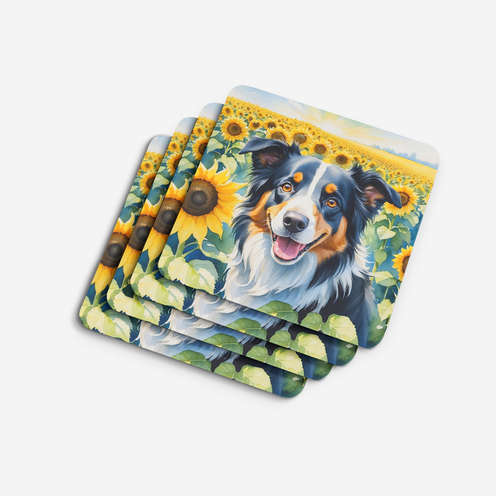 Border Collie in Sunflowers Foam Coasters Set of 4 Cup Coasters for Indoor Outdoor, Tabletop Protection, Anti Slip, Mouse pad Material
