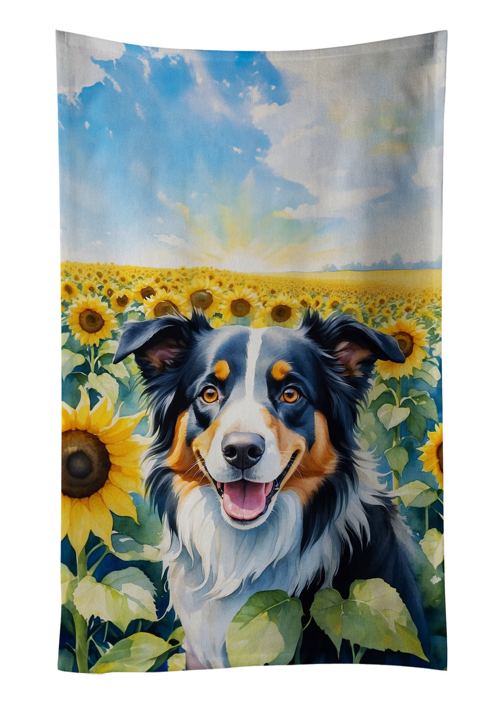 Border Collie in Sunflowers Kitchen Towel Velour Plush Front and Cotton Loop Back Machine Washable