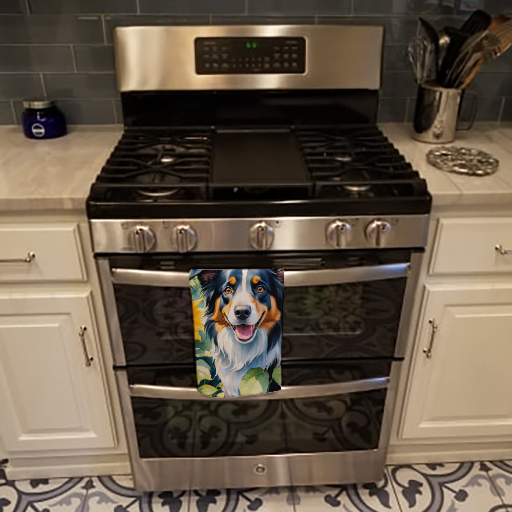 Border Collie in Sunflowers Kitchen Towel Velour Plush Front and Cotton Loop Back Machine Washable