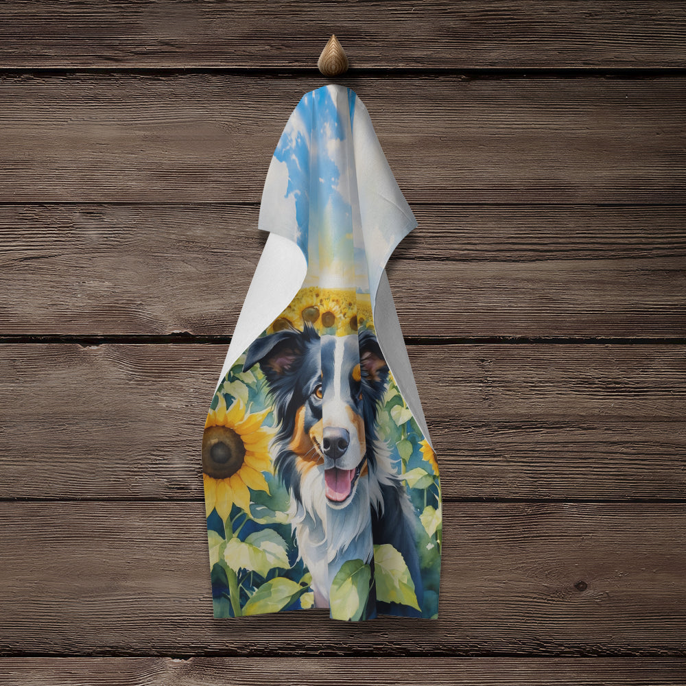 Border Collie in Sunflowers Kitchen Towel Velour Plush Front and Cotton Loop Back Machine Washable